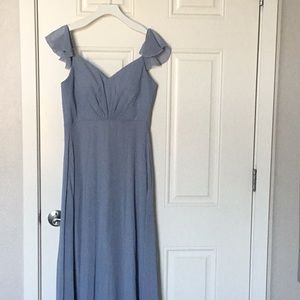 Dusty blue birdy grey ruffle sleeve bridesmaid